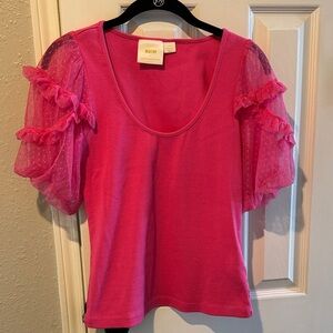 Maeve Pink Short Sleeve Top with Sheer Ruffle Sleeves